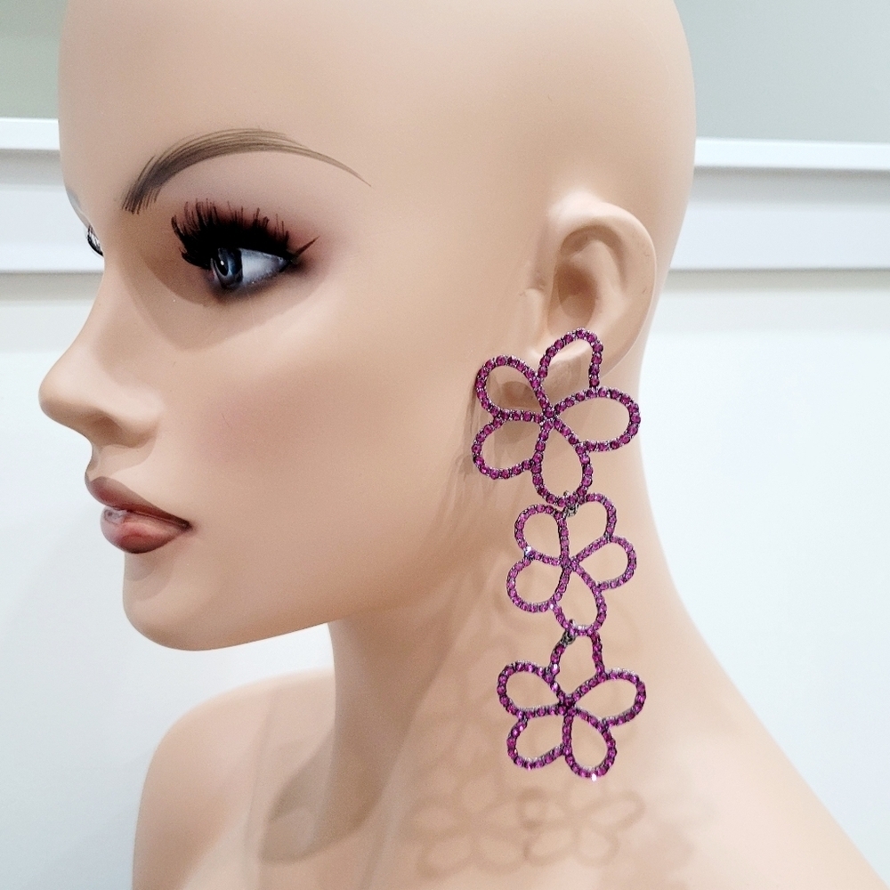 Brand New Titanium Purple Rhinestone Dangle Long Earrings